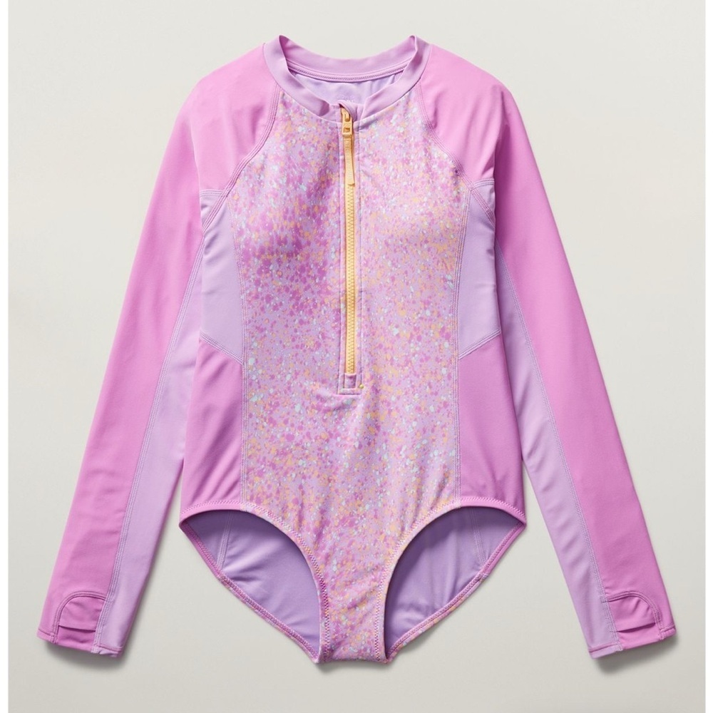 NWT Athleta Girl Rashguard One Piece Sun Spray Lilac Swimsuit Size XL/14